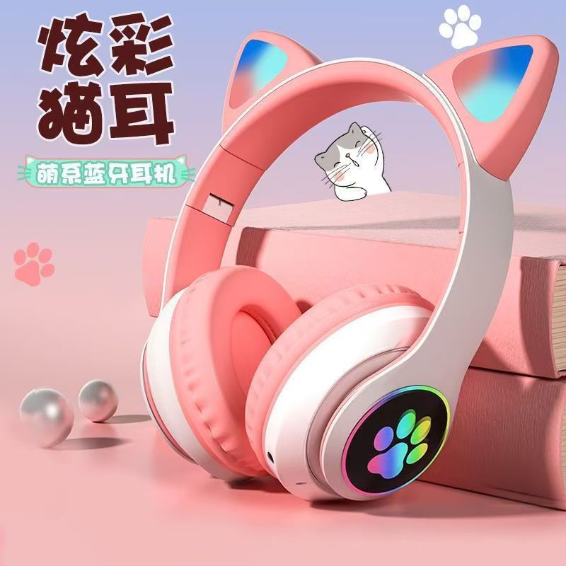 STN-28 Over Ear Music Headset Glowing Cat Ear Headphones Foldable Wireless BT5.0 Earphone with Mic AUX in TF Card MP3 Player Colorful LED Lights for PC Laptop Computer Mobile Phone