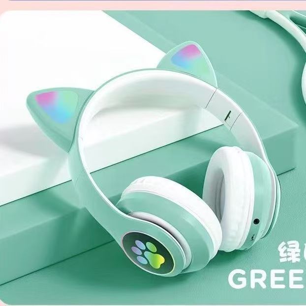 STN-28 Over Ear Music Headset Glowing Cat Ear Headphones Foldable Wireless BT5.0 Earphone with Mic AUX in TF Card MP3 Player Colorful LED Lights for PC Laptop Computer Mobile Phone